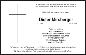 Traueranzeige von Dieter Mirsberger von Pegnitz-Zeitung